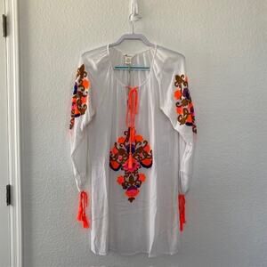 Lucky & Coco Cover Up Neon Orange Ivory‎ Tassels Embroidered Women Large NWT